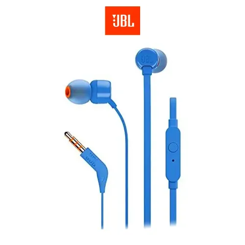 Audífonos in ear con micrófono JBL T110 cable plano, conector 3.5 mm, control de música y llamadas, azul